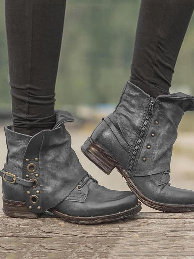 Vintage Studded Patch Buckle Ankle Boots-thevervian