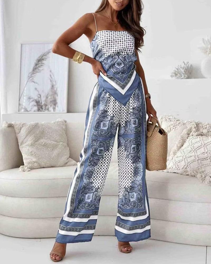 Stylish Printed Lace-Up Vest & Pants Two-Piece Set-thevervian