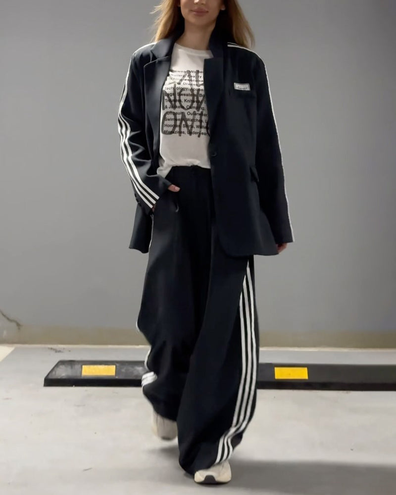 Fashionable Striped Blazer & Wide Leg Pants Two-Piece Set-thevervian