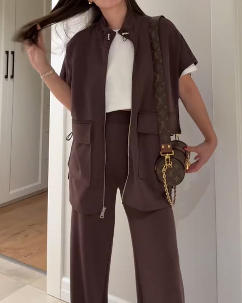 Casual Waist Stretch Detail Top & Pants Two-Piece Set-thevervian