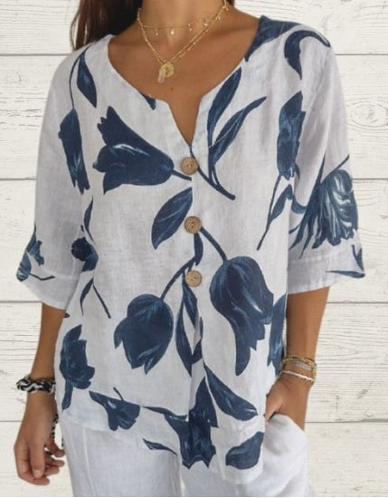 Printed Linen-Cotton V-Neck Pullover Shirt-thevervian