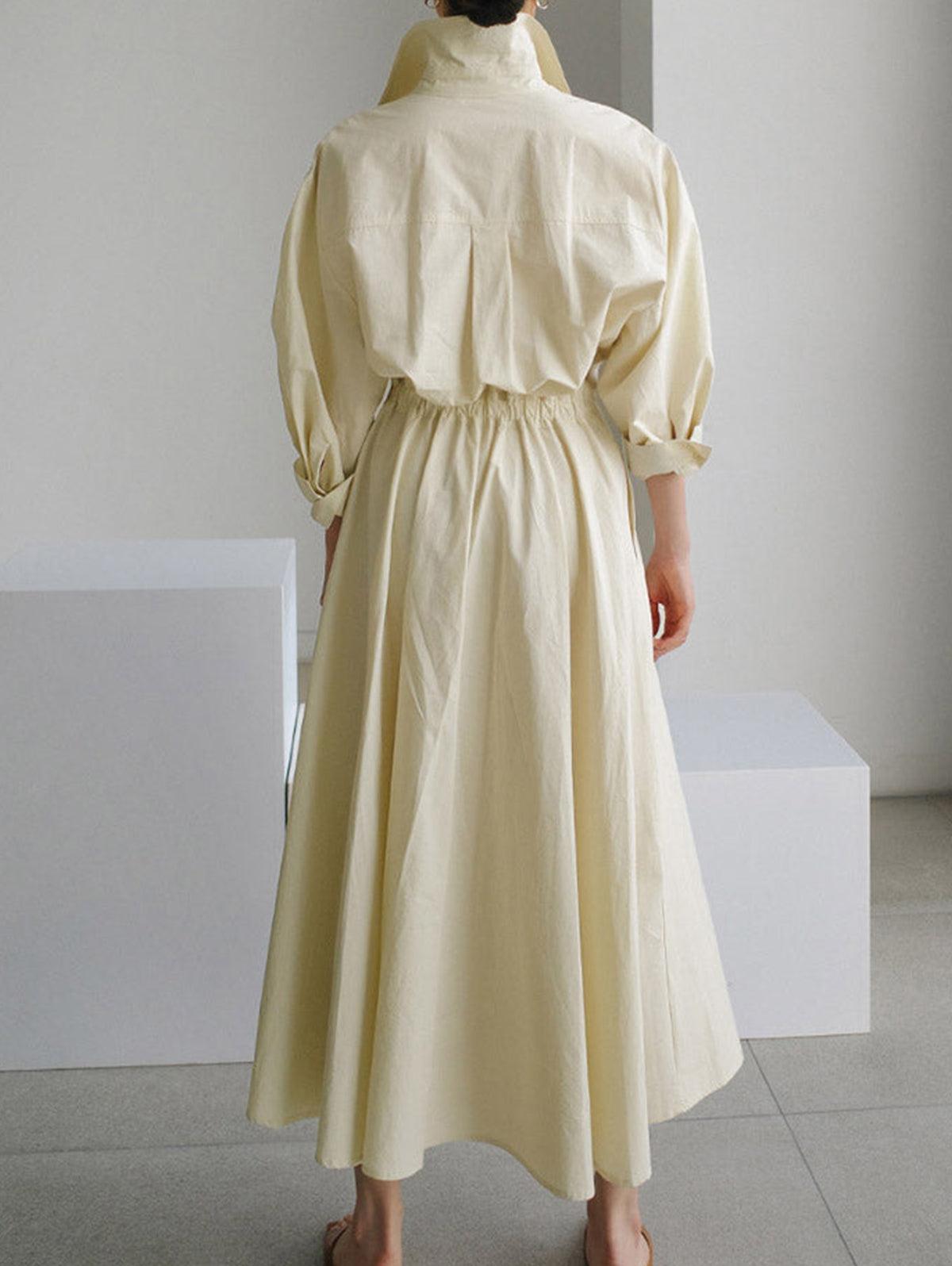 Elegant Pocket Button Lapel Collar Fold Solid Midi Dress-thevervian