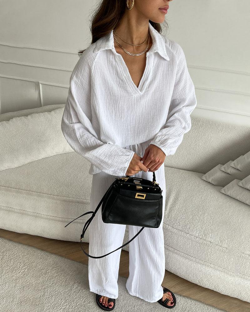 Autumn Simple V-Neck Casual Two-piece Set-thevervian