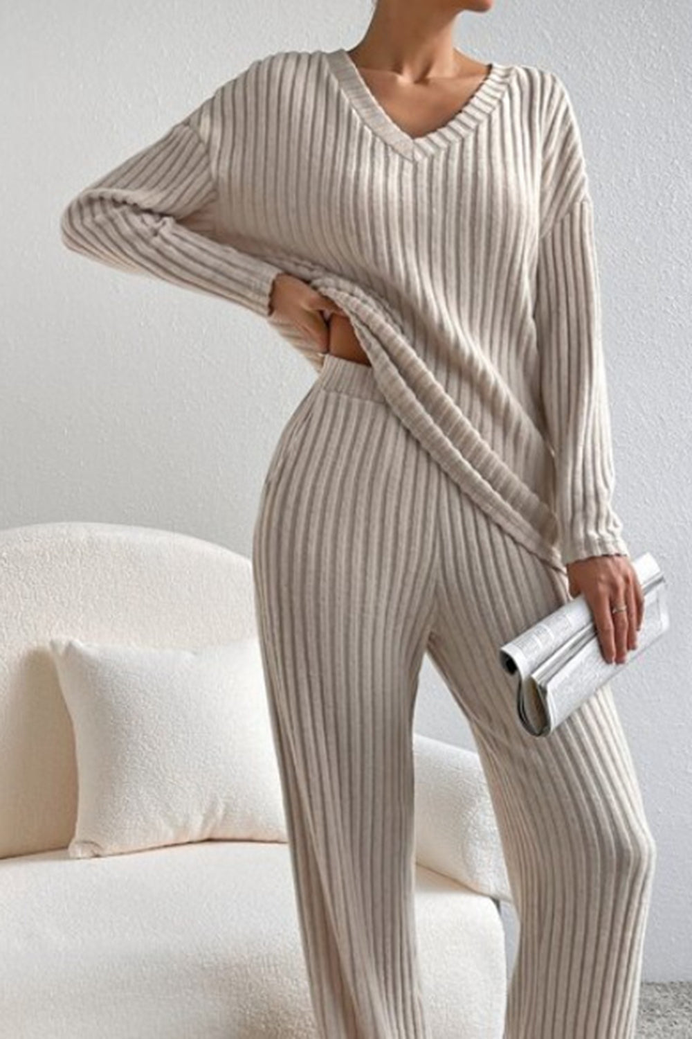 Ribbed V-Neck Top and Pants Set-thevervian