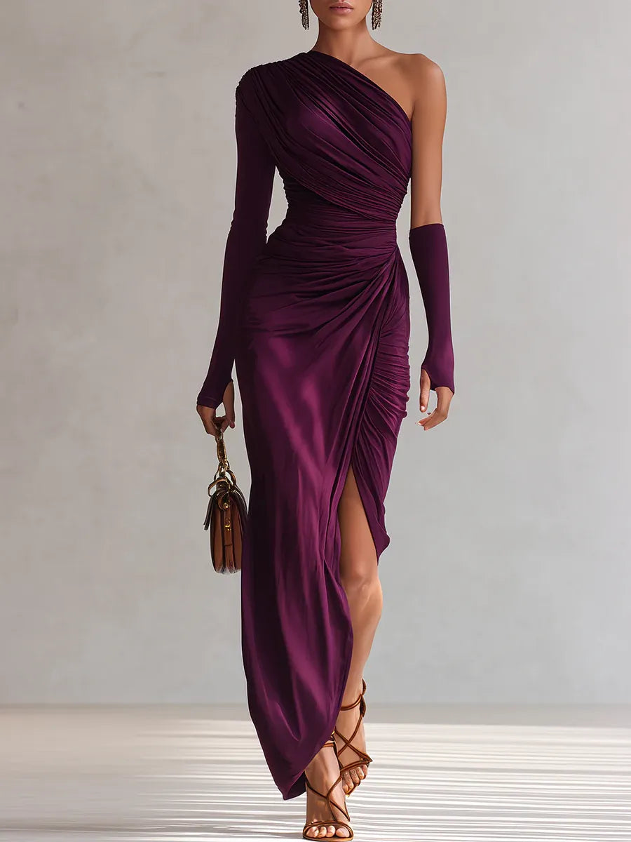 Elegant retro purple sexy one-shoulder maxi dress-thevervian