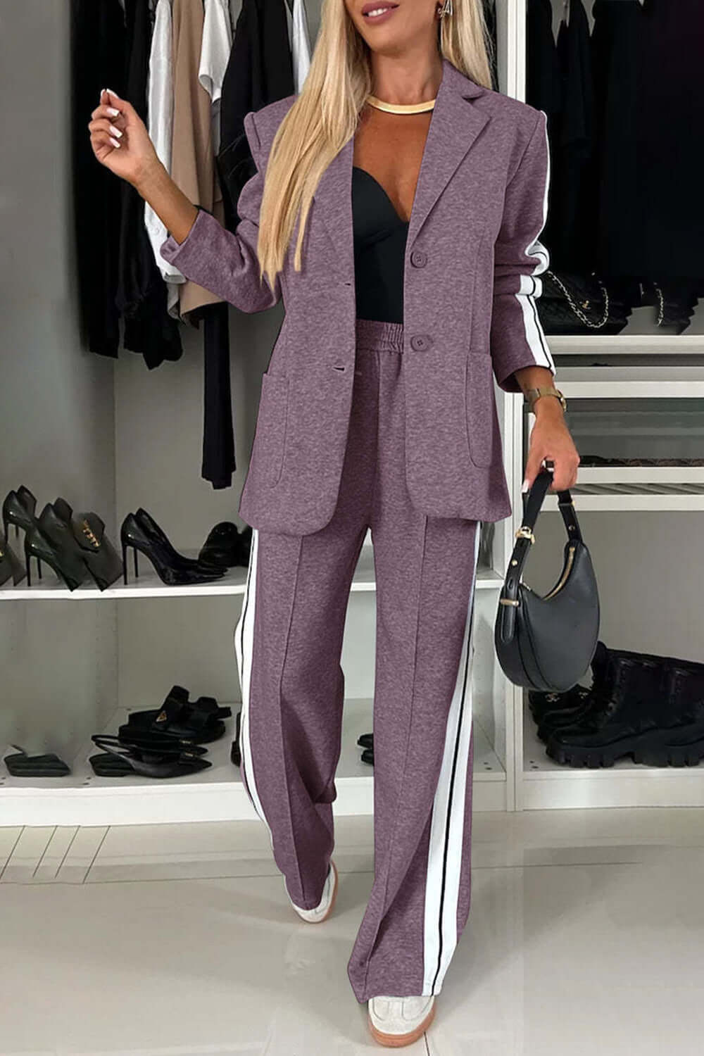 Contrast Lapel Collar Top and Pants Set-thevervian