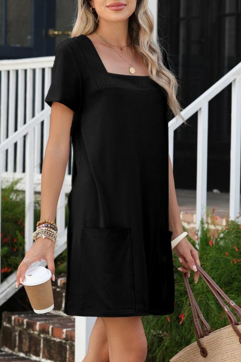 Women's Solid Color Casual Align Dress Square Neck Short Sleeve Comfort Basic Mini Dresses with Pockets