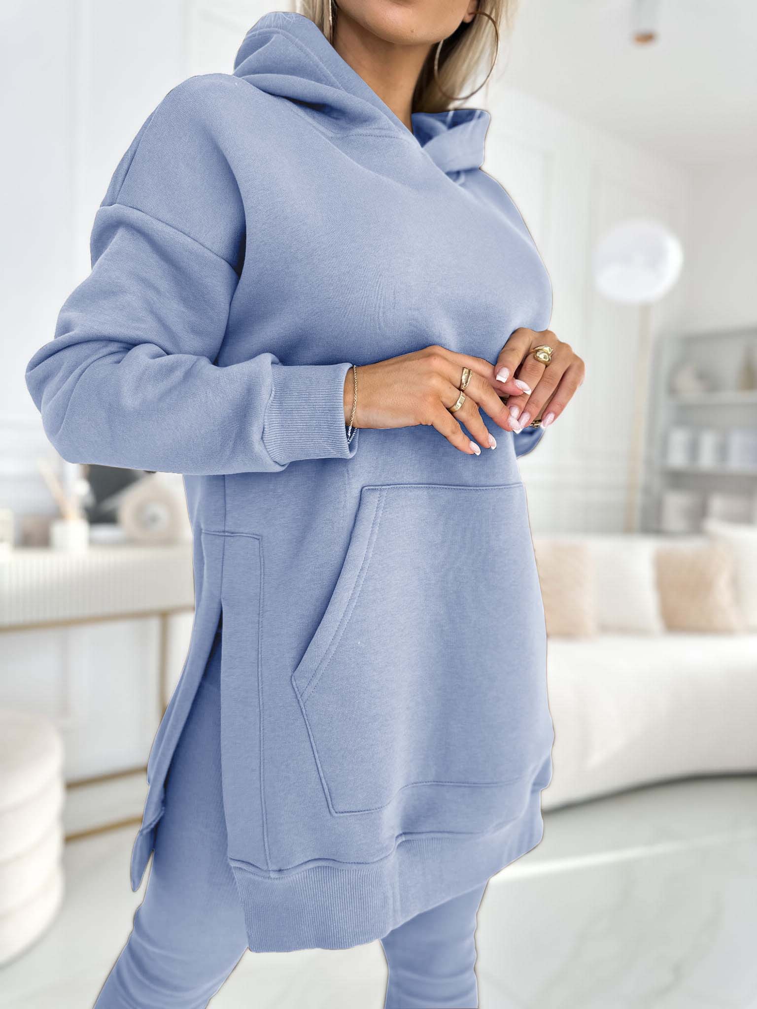 Fashion Solid Color Hoodie and Lined Leggings Two-piece Set-thevervian