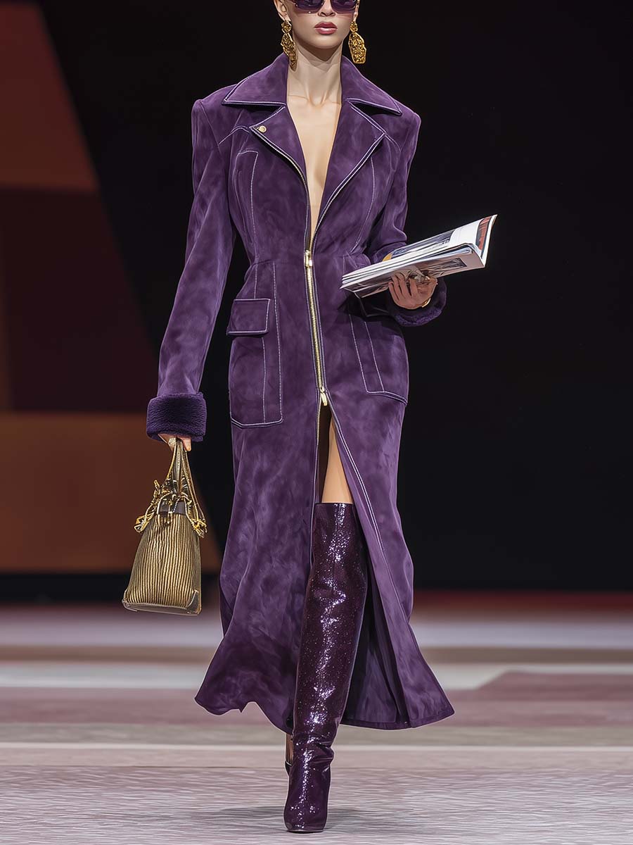 Retro purple fashionable oversized lapel zip-up faux suede slit coat-thevervian