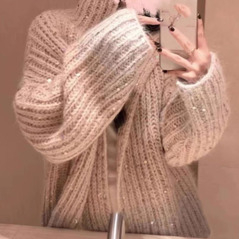 Casual Sequined V-neck Sweater-thevervian