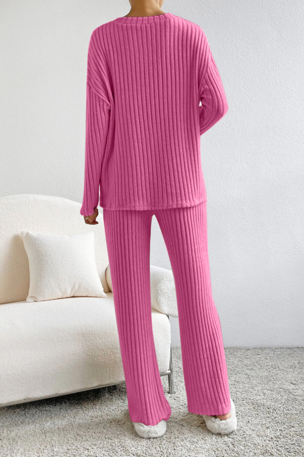 Ribbed V-Neck Top and Pants Set-thevervian