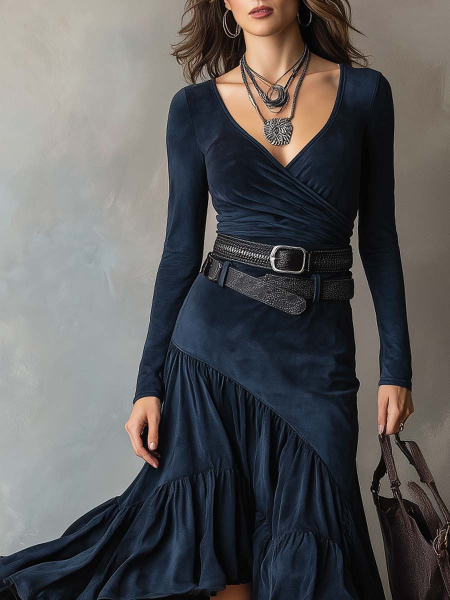 Navy Blue Crossover V-neck Faux Suede Irregular Maxi Dress(with belt)-thevervian