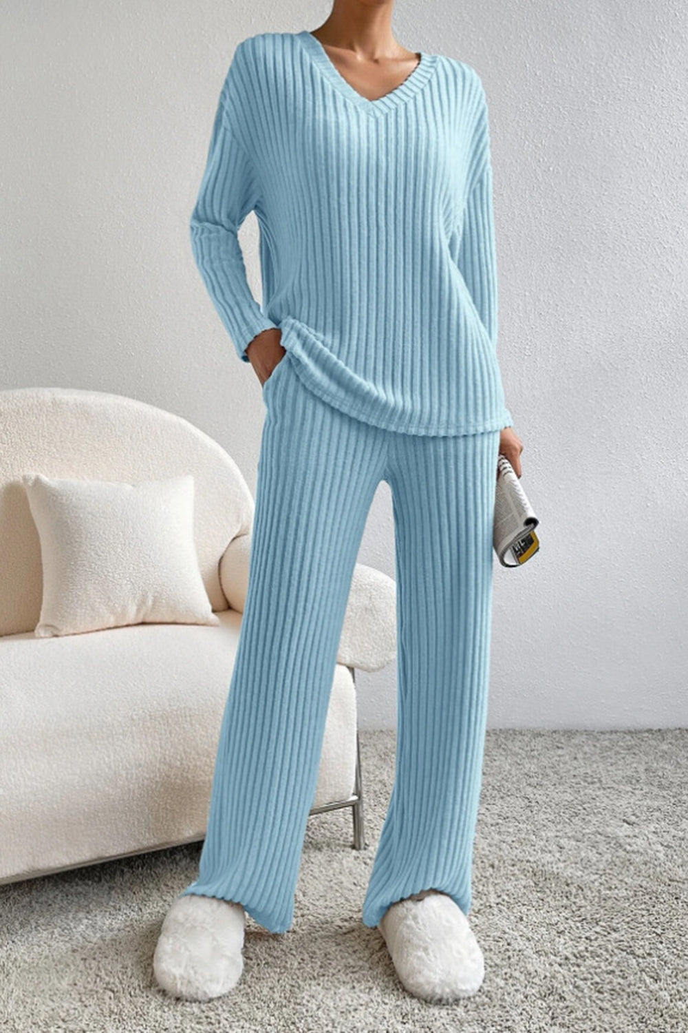 Ribbed V-Neck Top and Pants Set-thevervian