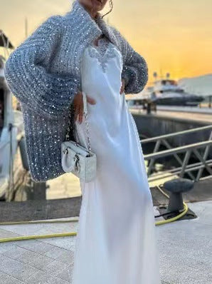 Casual Sequined V-neck Sweater-thevervian