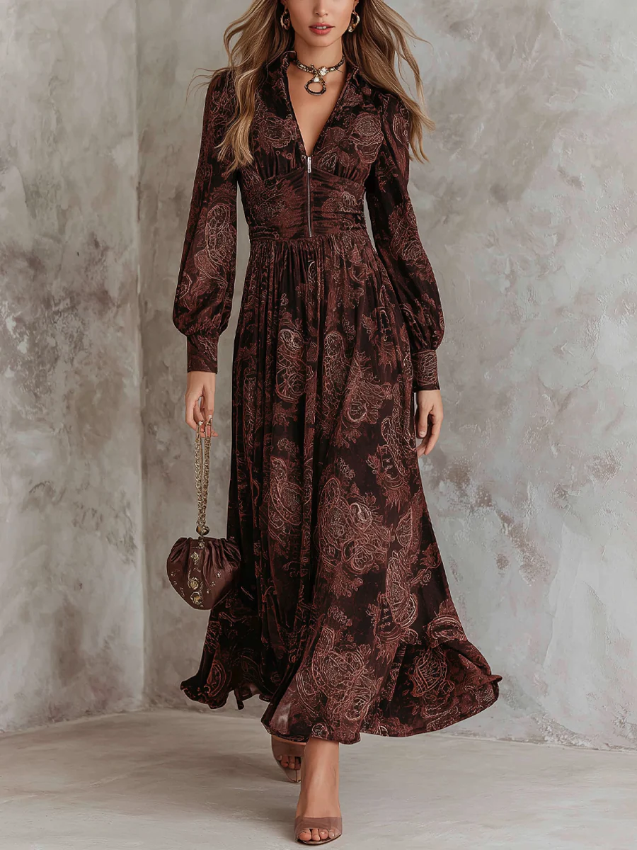Brown Paisley Zippered Waist Maxi Dress-thevervian
