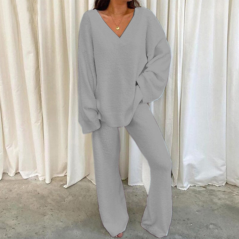Comfortable Solid Color V-neck Daily  Two-piece Set-thevervian