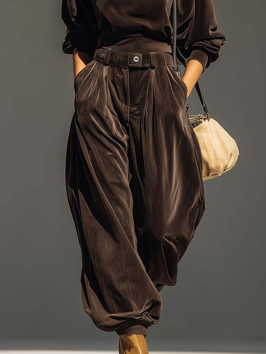 Vintage brown velvet hoodie and loose-fitting trousers set（Includes belt）-thevervian