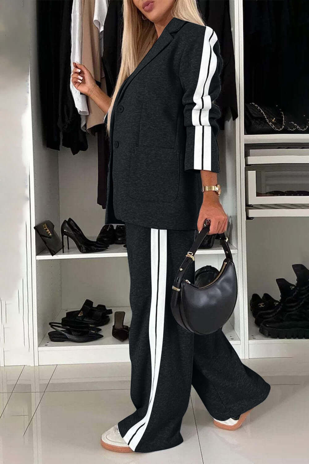 Contrast Lapel Collar Top and Pants Set-thevervian