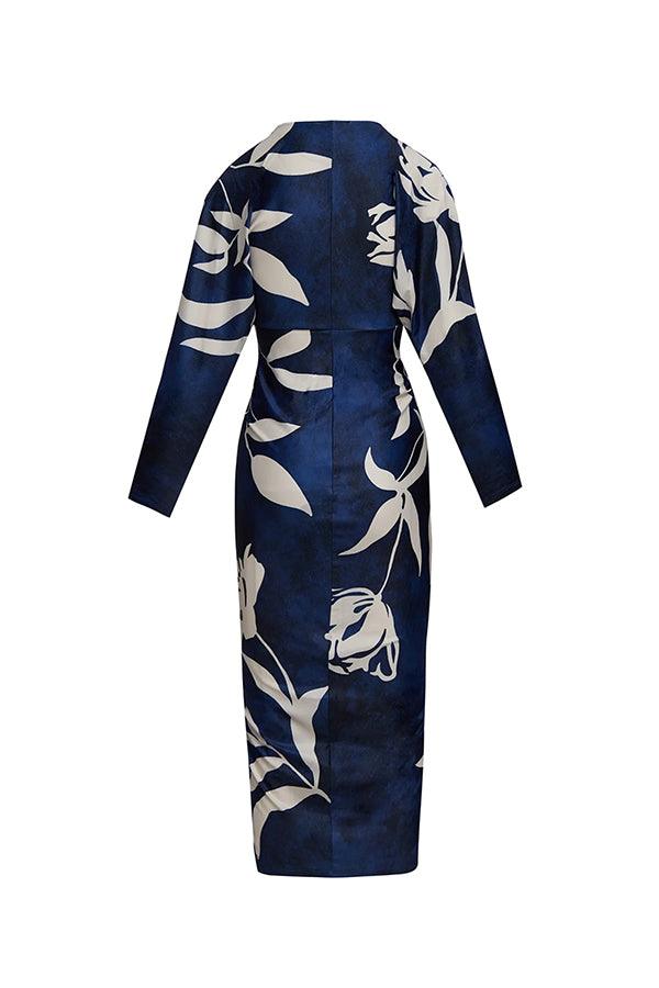 Unique Print Dolman Long Sleeve Ruched Slit Midi Dress-thevervian