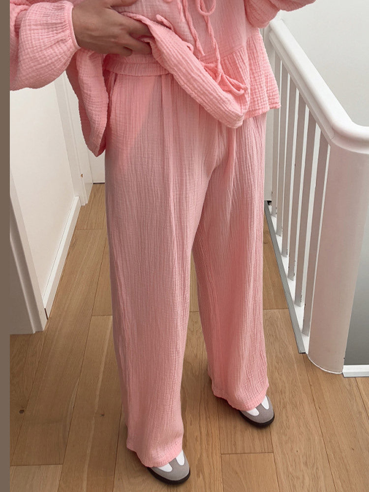 Casual Solid Color Lace-Up Top & Pants Two-Piece Set-thevervian