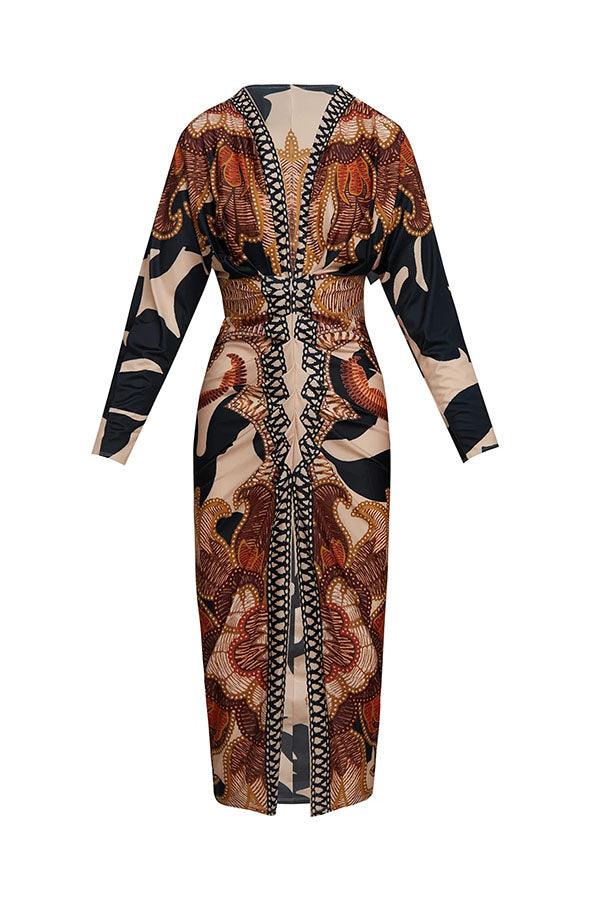 Unique Print Dolman Long Sleeve Ruched Slit Midi Dress-thevervian