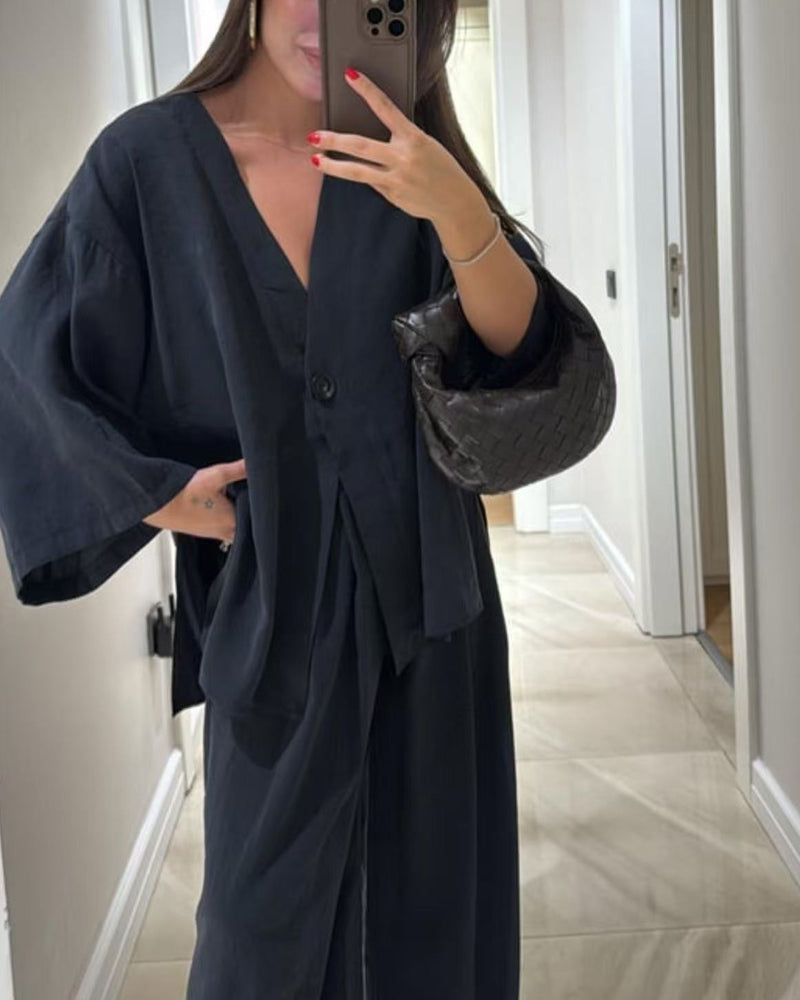 Casual V-Neck Top & Pants Two-Piece Set-thevervian