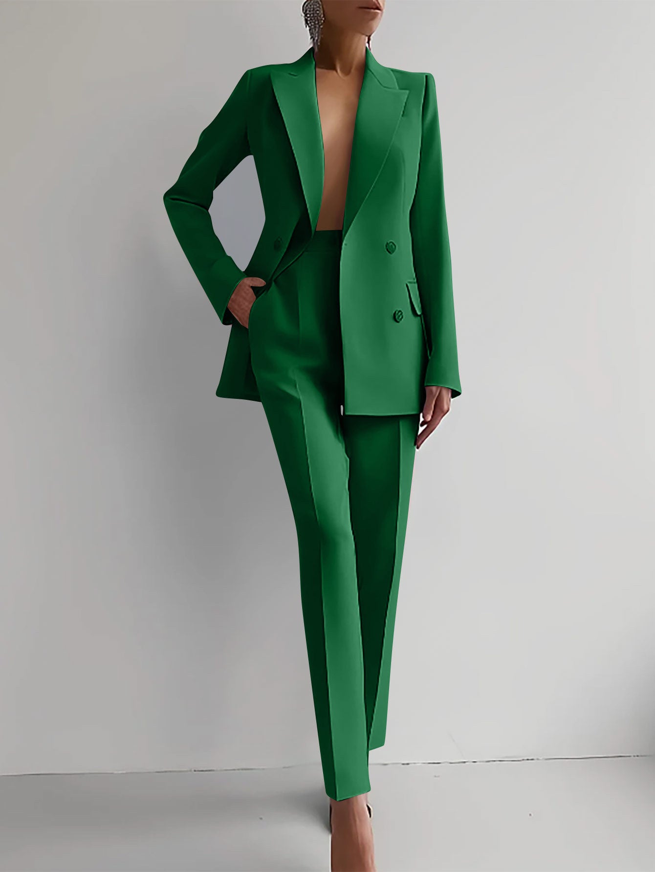 Casual Commuting Solid Color Blazer & High Waist Pants Set-thevervian