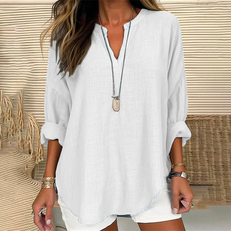Solid Color V-Neck Long Sleeved Loose Casual Blouse-thevervian