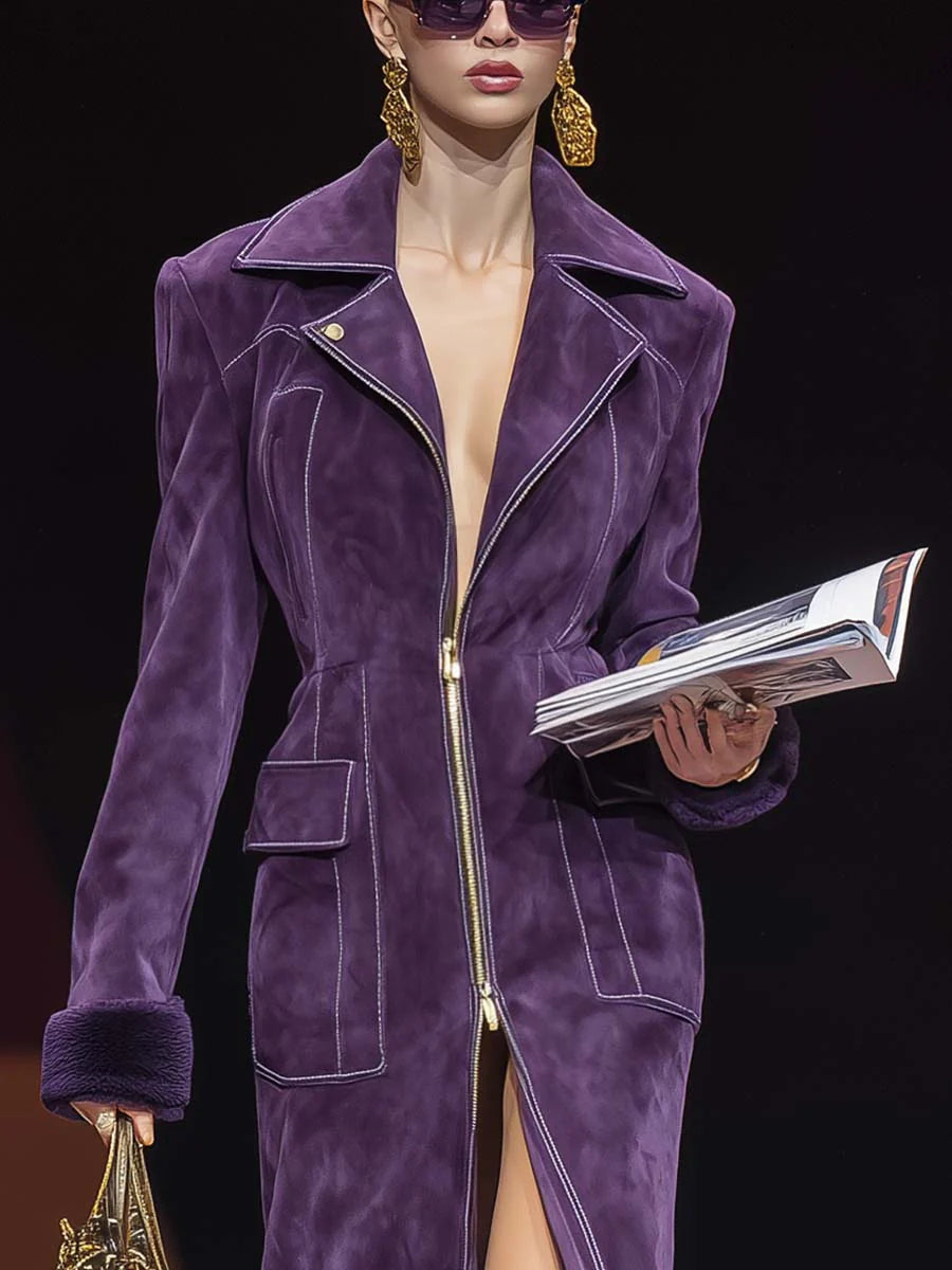 Retro purple fashionable oversized lapel zip-up faux suede slit coat-thevervian