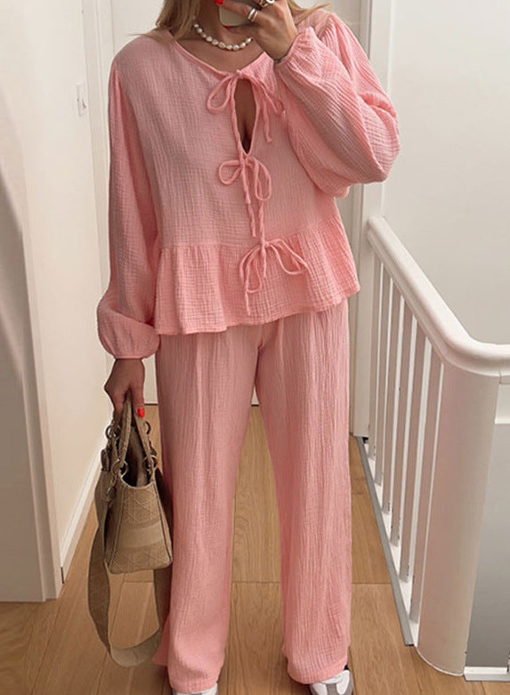 Casual Solid Color Lace-Up Top & Pants Two-Piece Set-thevervian