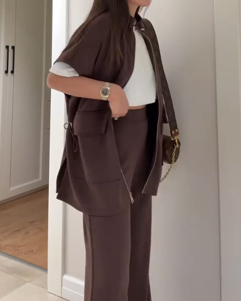 Casual Waist Stretch Detail Top & Pants Two-Piece Set-thevervian