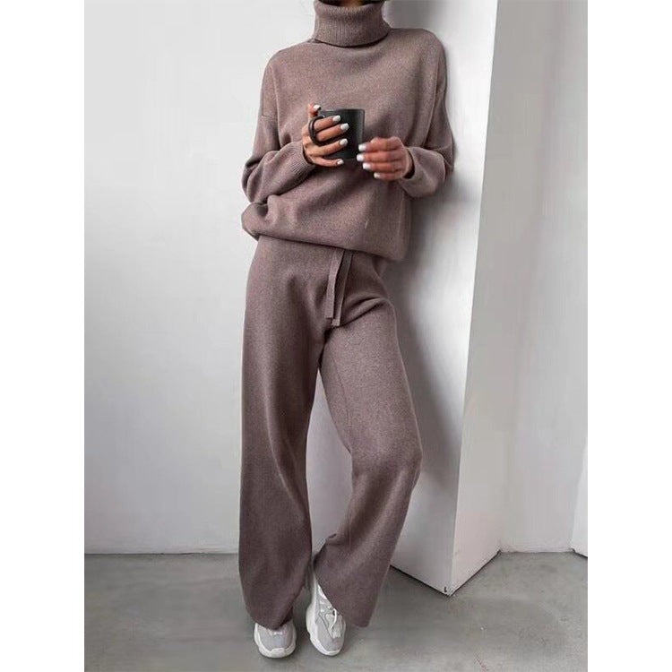 Turtleneck Solid Color Sweater Knit Set-thevervian