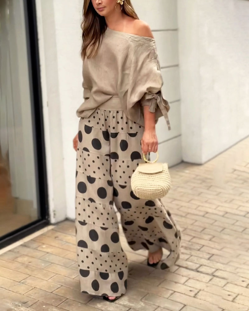 Casual Shoulder Top & Printed Pants Two-Piece Set-thevervian