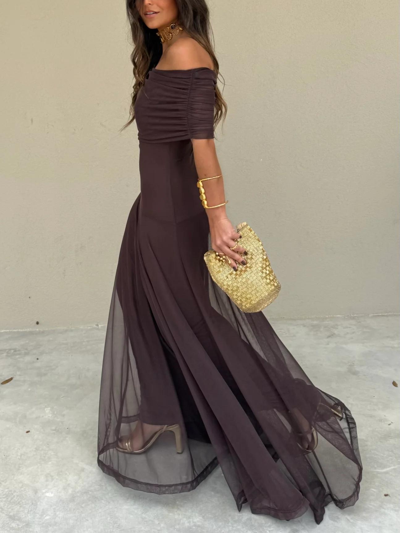 Brown One Shoulder Mesh Maxi Dress-thevervian
