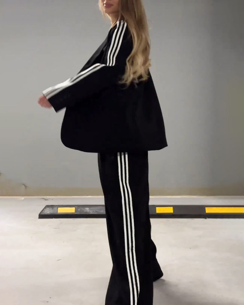 Fashionable Striped Blazer & Wide Leg Pants Two-Piece Set-thevervian