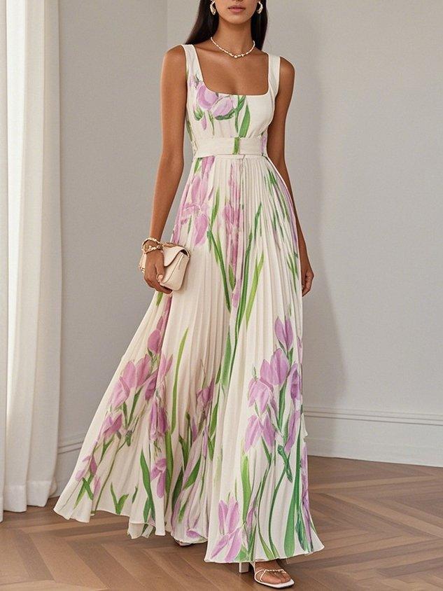 White Pleated Floral Chiffon Square Neck Sleeveless A-Line Maxi Dress-thevervian