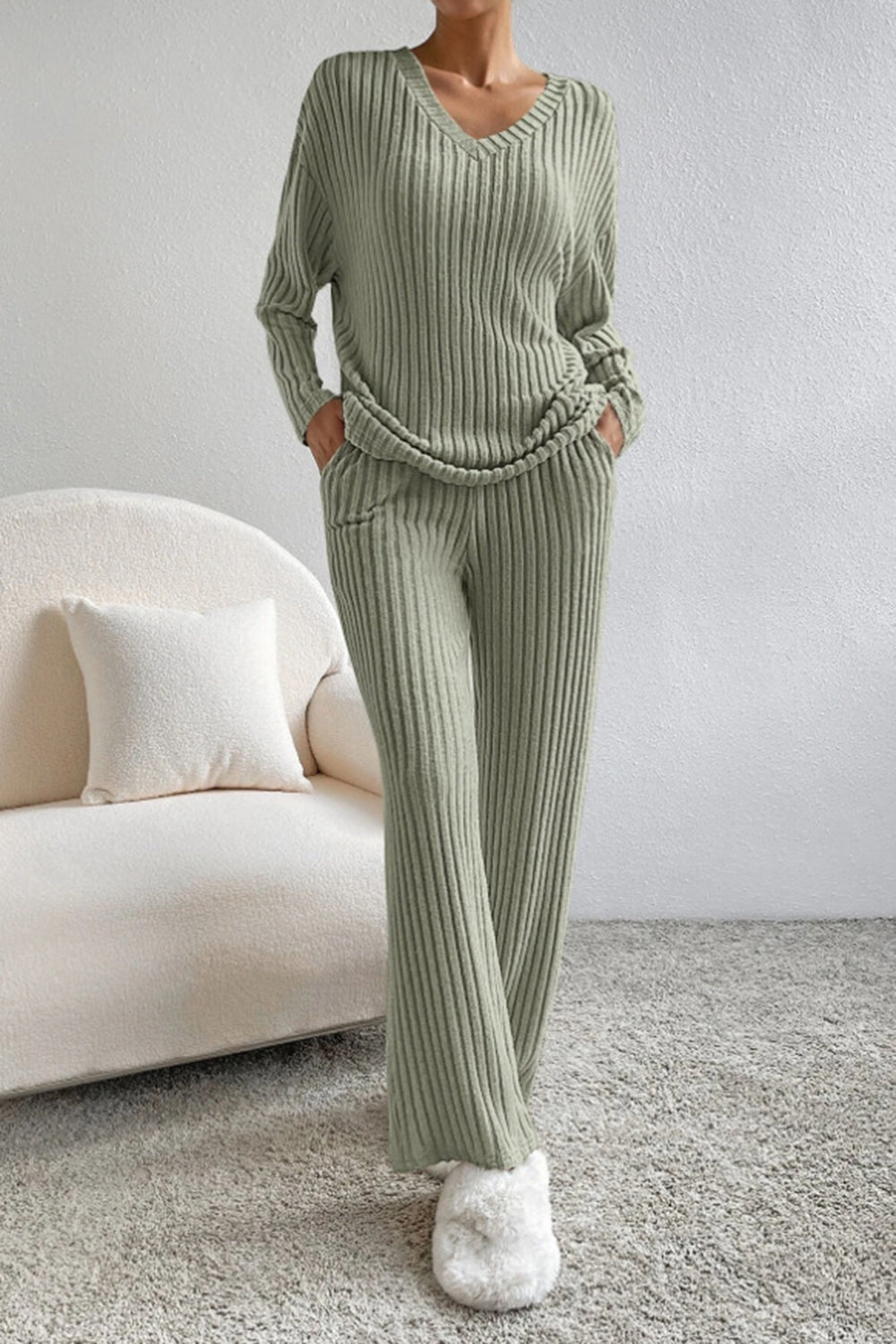 Ribbed V-Neck Top and Pants Set-thevervian