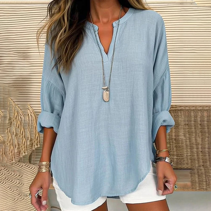Solid Color V-Neck Long Sleeved Loose Casual Blouse-thevervian