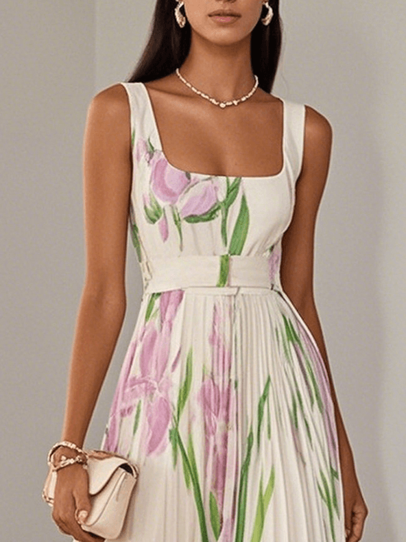 White Pleated Floral Chiffon Square Neck Sleeveless A-Line Maxi Dress-thevervian