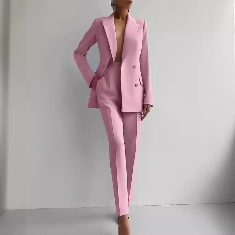 Casual Commuting Solid Color Blazer & High Waist Pants Set-thevervian