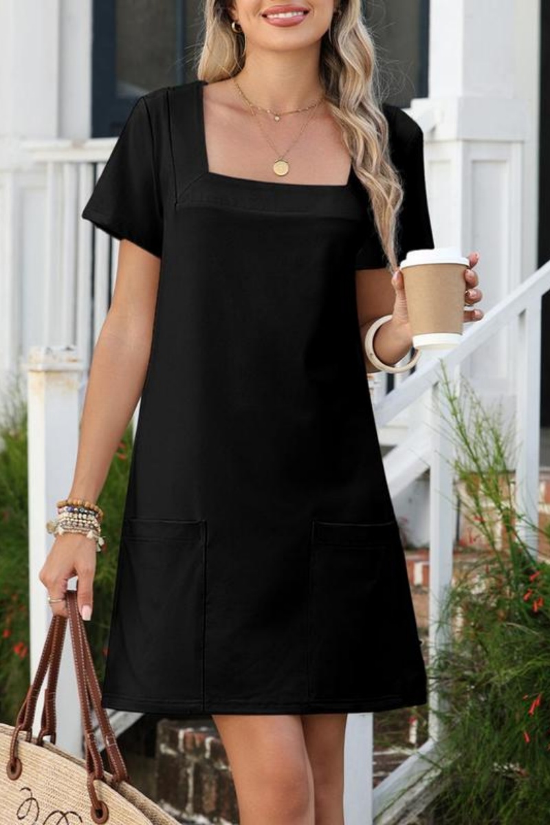 Women's Solid Color Casual Align Dress Square Neck Short Sleeve Comfort Basic Mini Dresses with Pockets