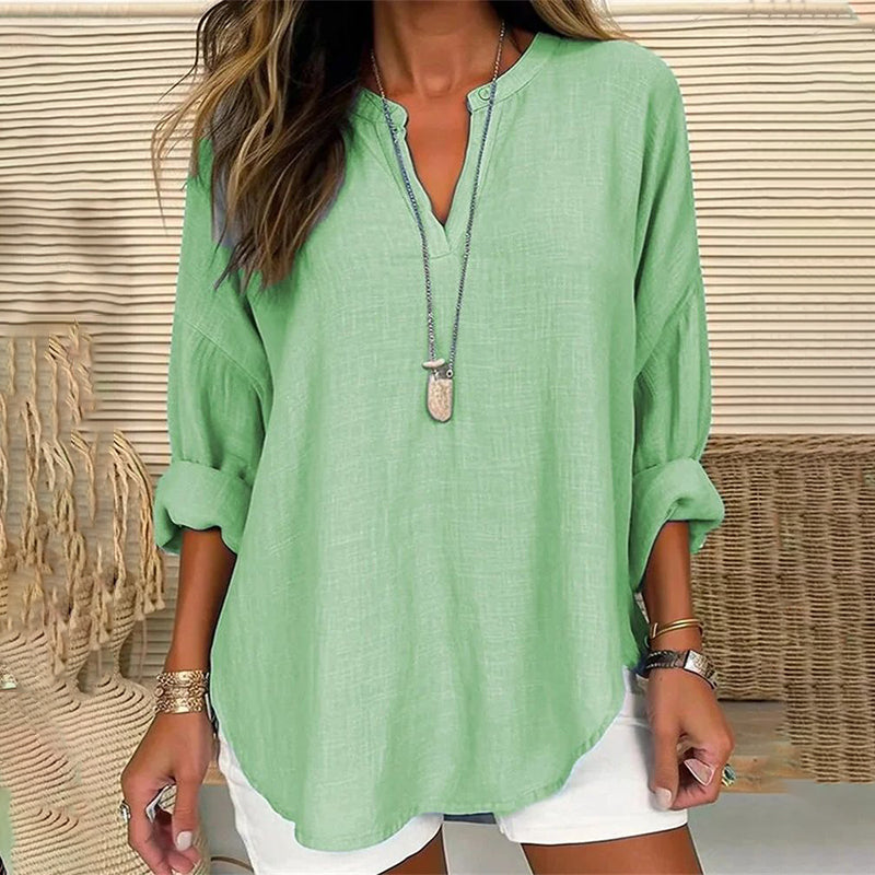 Solid Color V-Neck Long Sleeved Loose Casual Blouse-thevervian