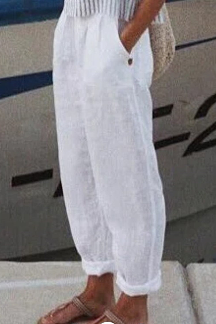 Cotton Linen Solid Color Casual Pants-thevervian