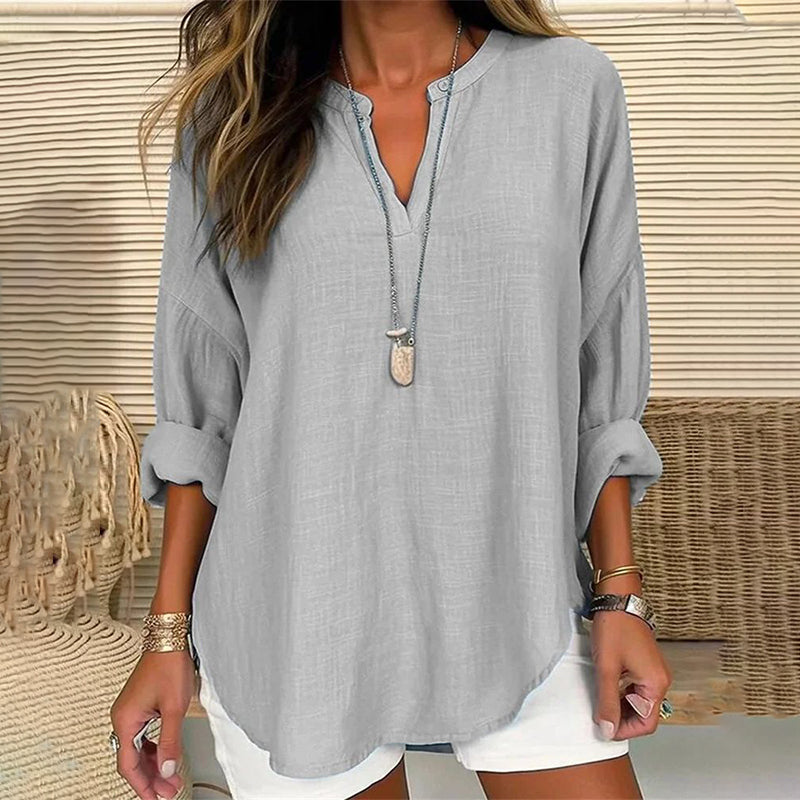 Solid Color V-Neck Long Sleeved Loose Casual Blouse-thevervian