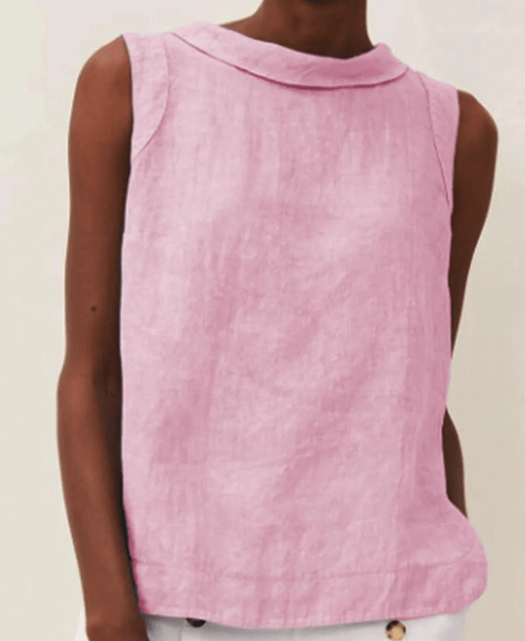 Linen Short-sleeved Blouse With A Round Neck-thevervian