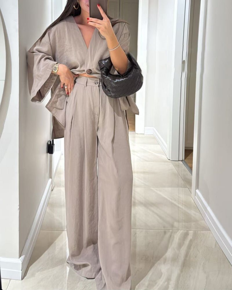 Casual V-Neck Top & Pants Two-Piece Set-thevervian