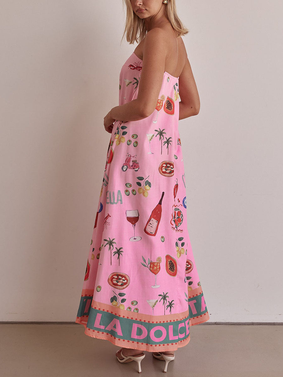 Pink tube top vacation print dress-thevervian