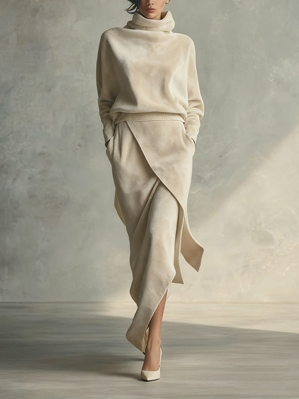 Solid color asymmetrical casual velvet set-thevervian