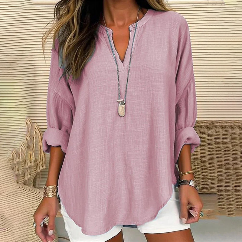 Solid Color V-Neck Long Sleeved Loose Casual Blouse-thevervian