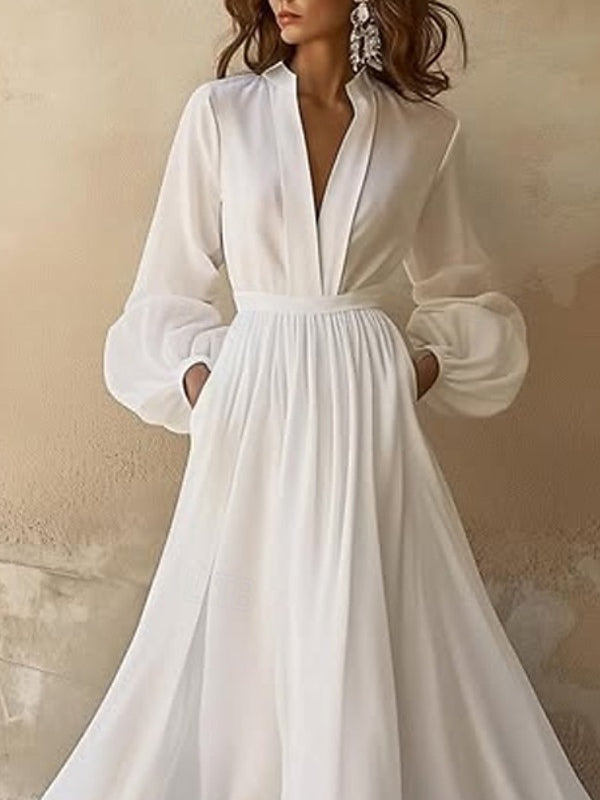 White V-neck Lantern Sleeve Ruffled Maxi Dress-thevervian
